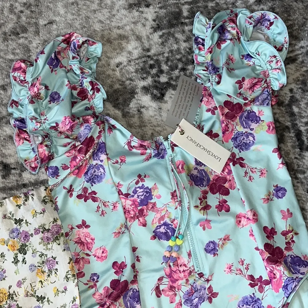 LoveShackFancy Fantasia One Piece Turquoise Skies Floral Ruffle Swimsuit Size L - Image 9