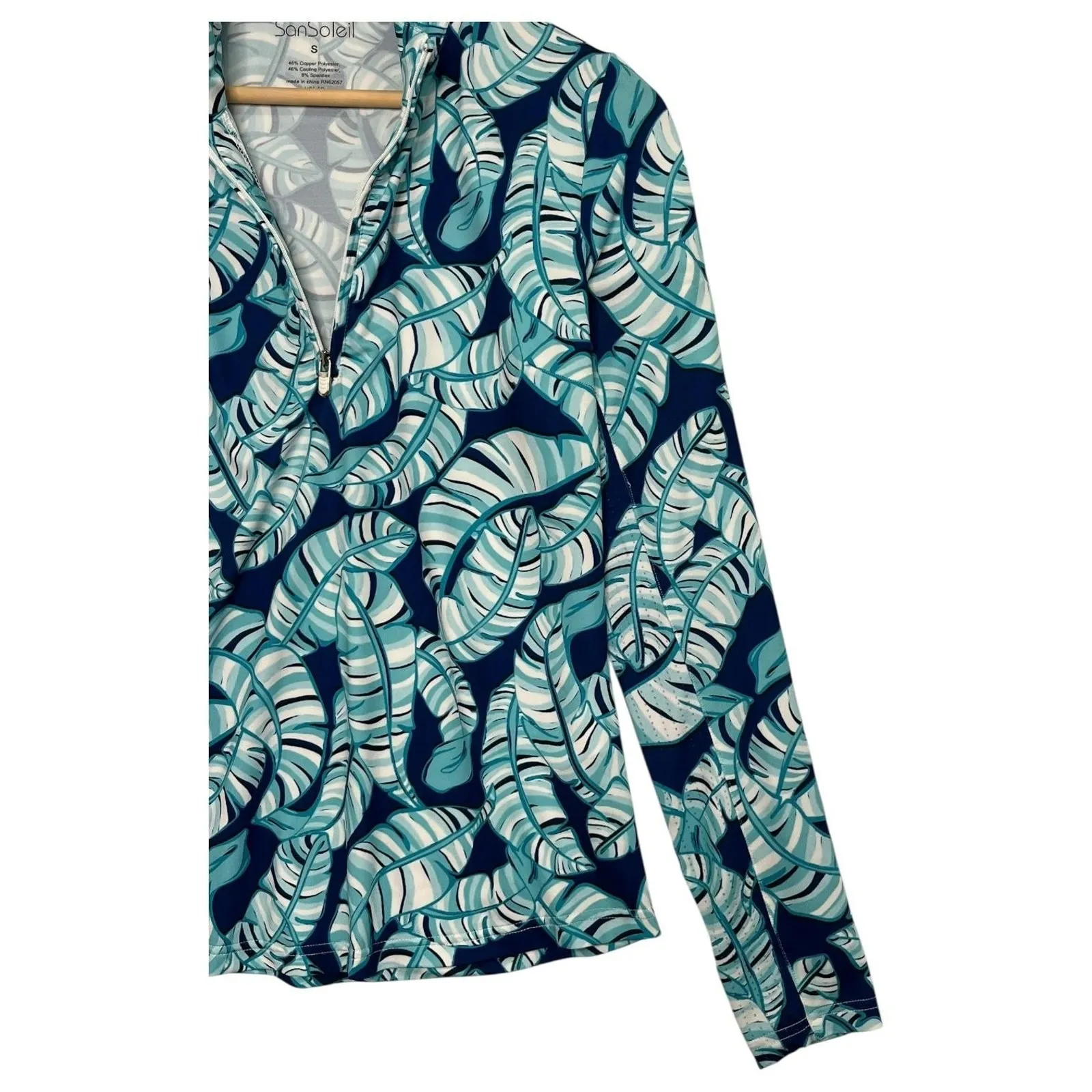 SanSoleil Top Womens Small Green Leaf Print Quarter Zip UPF 50 Pullover Golf Blue - Image 7