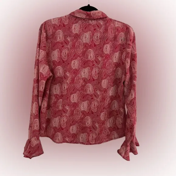Karen Scott Swirl Pattern Red Ruffle Placket Blouse Sz M - Image 2
