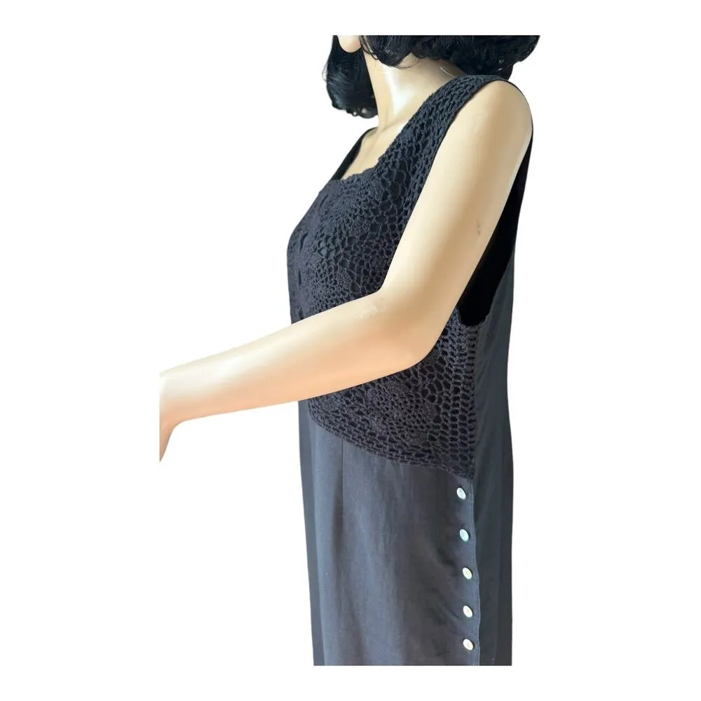 Vintage Cali Cali black Linen Crochet Sleeveless Maxi Dress button size 14 P - Image 4