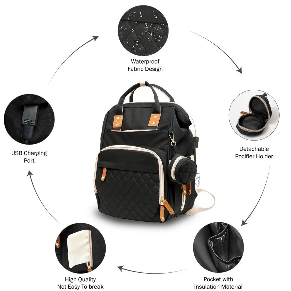 Akshomz Diaper Bag Backpack with Changing Station, Black Tan NEW - Image 4