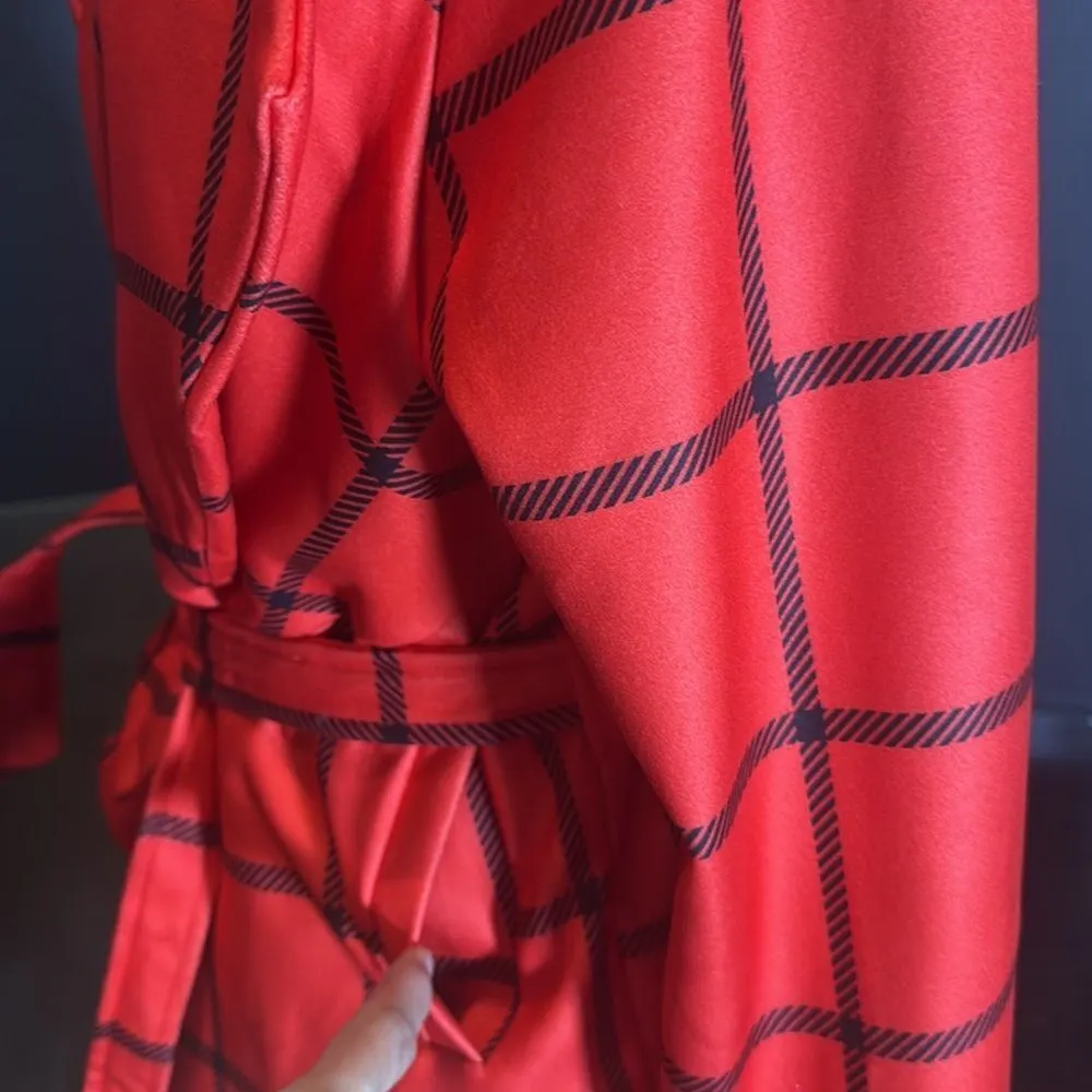 Women’s Red Turn Down Collar Wrap Trench Coat Grid Pattern Belted L (**tag XL) Size L - Image 8