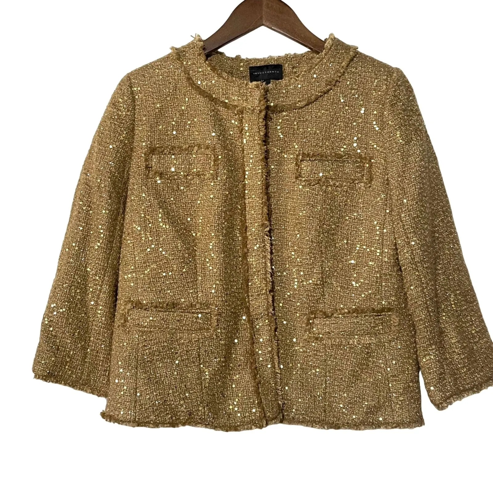 Investments Gold Sequin Blazer Jacket Fringe Trim Lined New Size 10 - Image 2