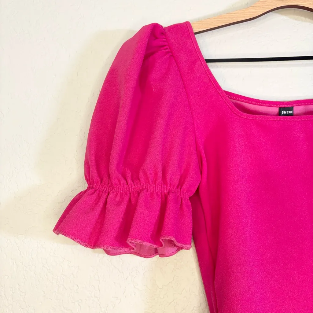 Hot Pink Puff Sleeve Ruffle Short Sleeve Body Suit Size S - Image 3