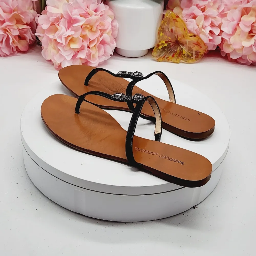 Badgley Mischka Jeweled Flats Shoes Thongs Leather Black Sz 9 - Image 5