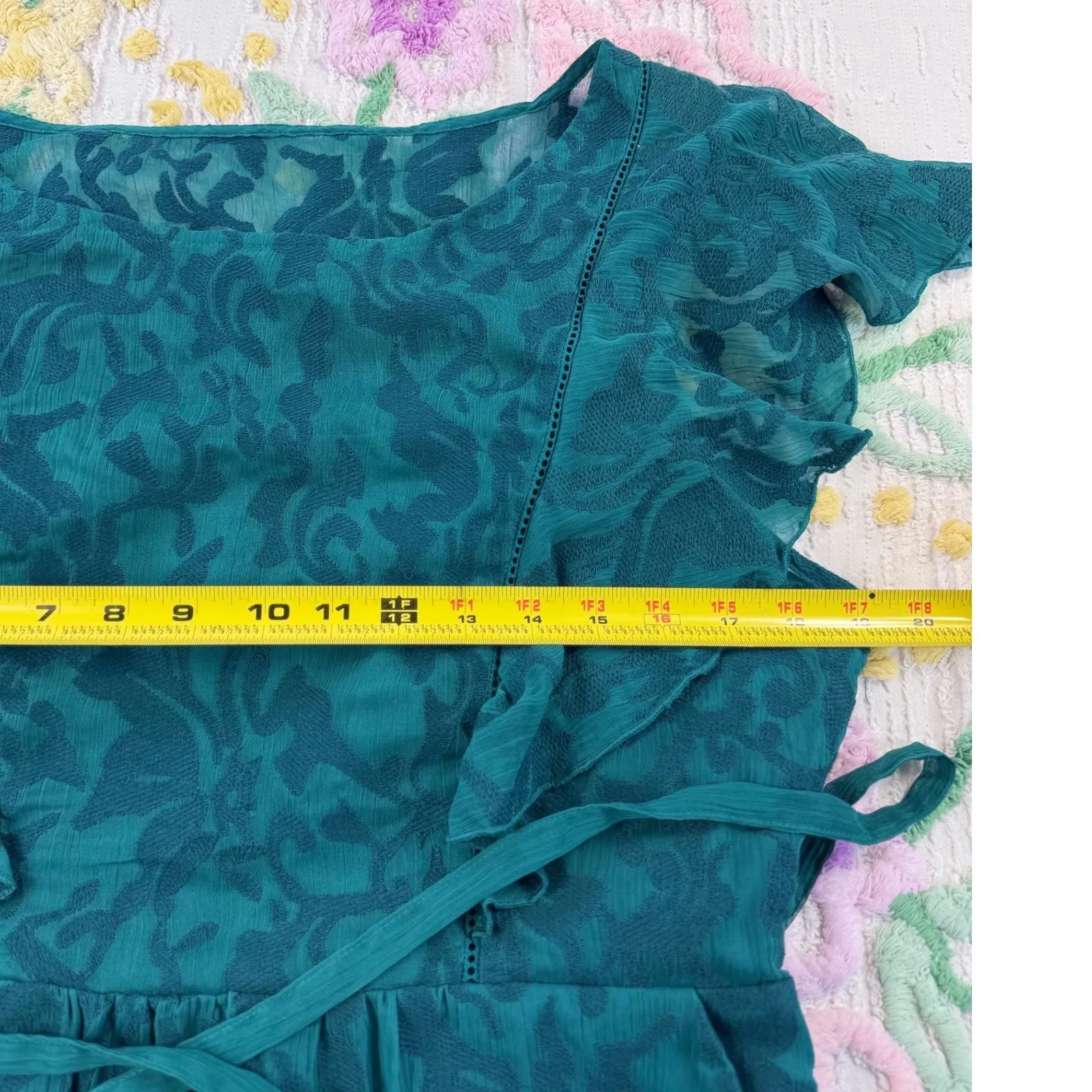 Moulinette Soeurs anthropologie Teal Lace Overlay Flutter Sleeve 14 dress - Image 6