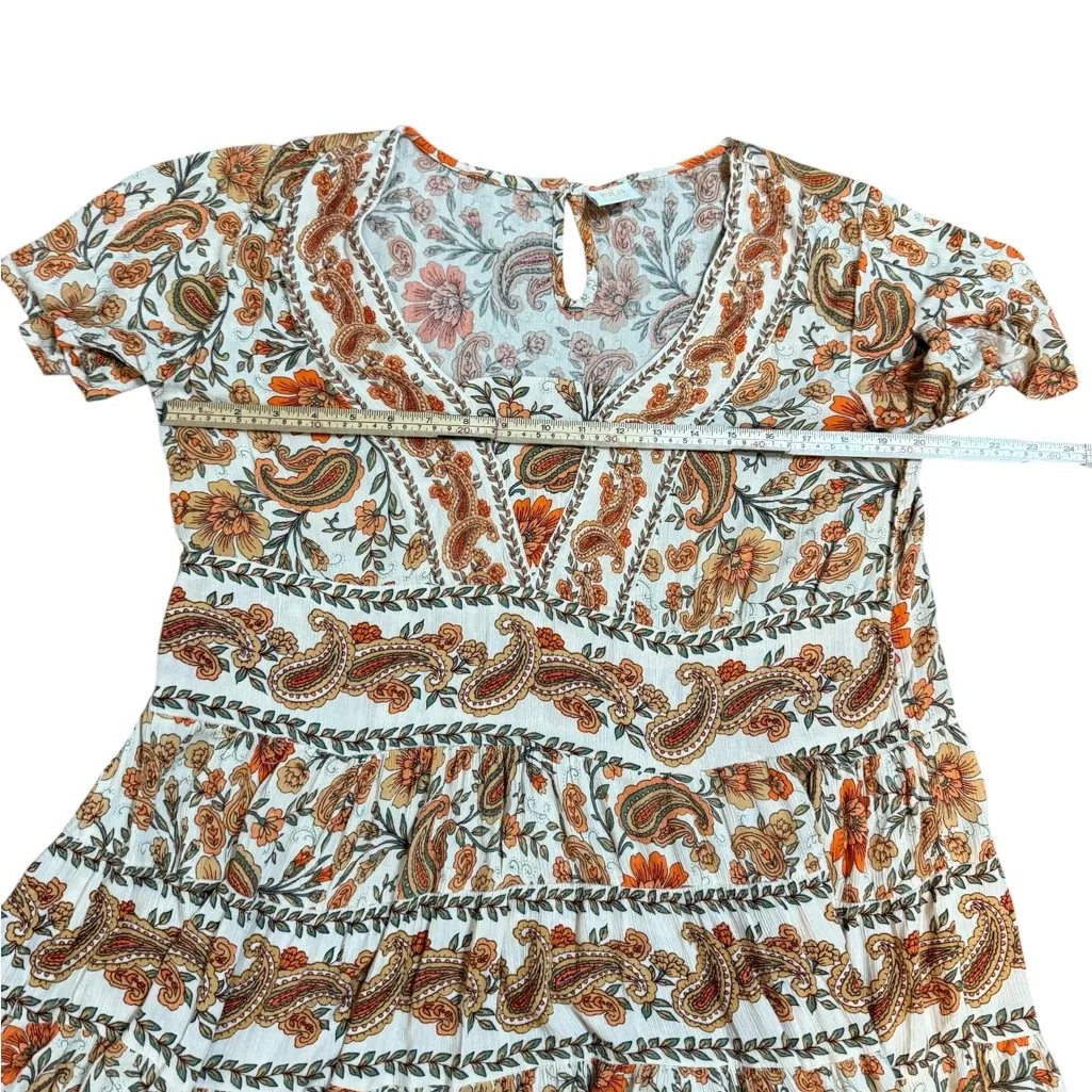 Bila Boho Floral Paisley Dress Tiered Ruffle Hem VNeck Short Sleeve Peasant Sz L Orange Size L - Image 9