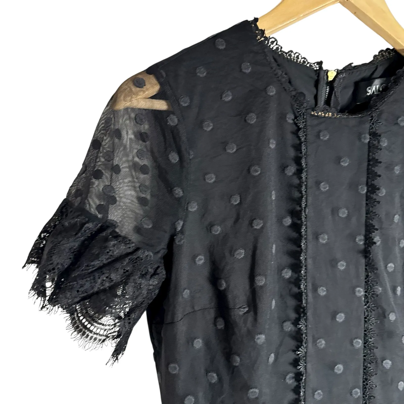 Saloni Andie Black Polka Dot Mesh Short Sleeve Cocktail Midi Dress Size 6 - Image 10