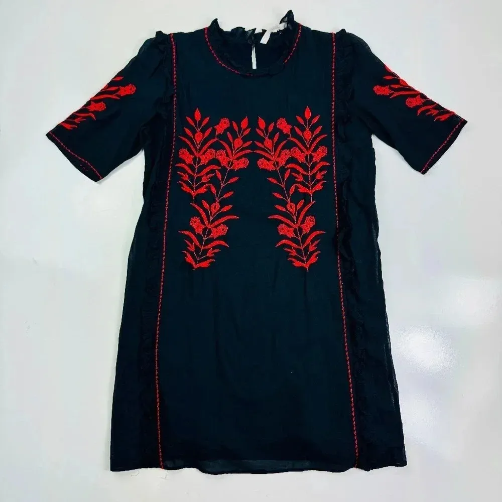 Zara Embroidered Dress‎ Floral Ruffle Trim Black Red Short Sleeve Size XS - Image 3