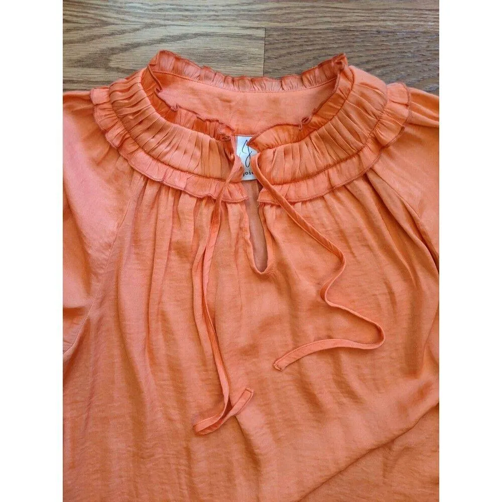 Joie Ladies Orange Ruffle Neck Blouse Ties Career Boho Chic Preppy Peasant Med - Image 4