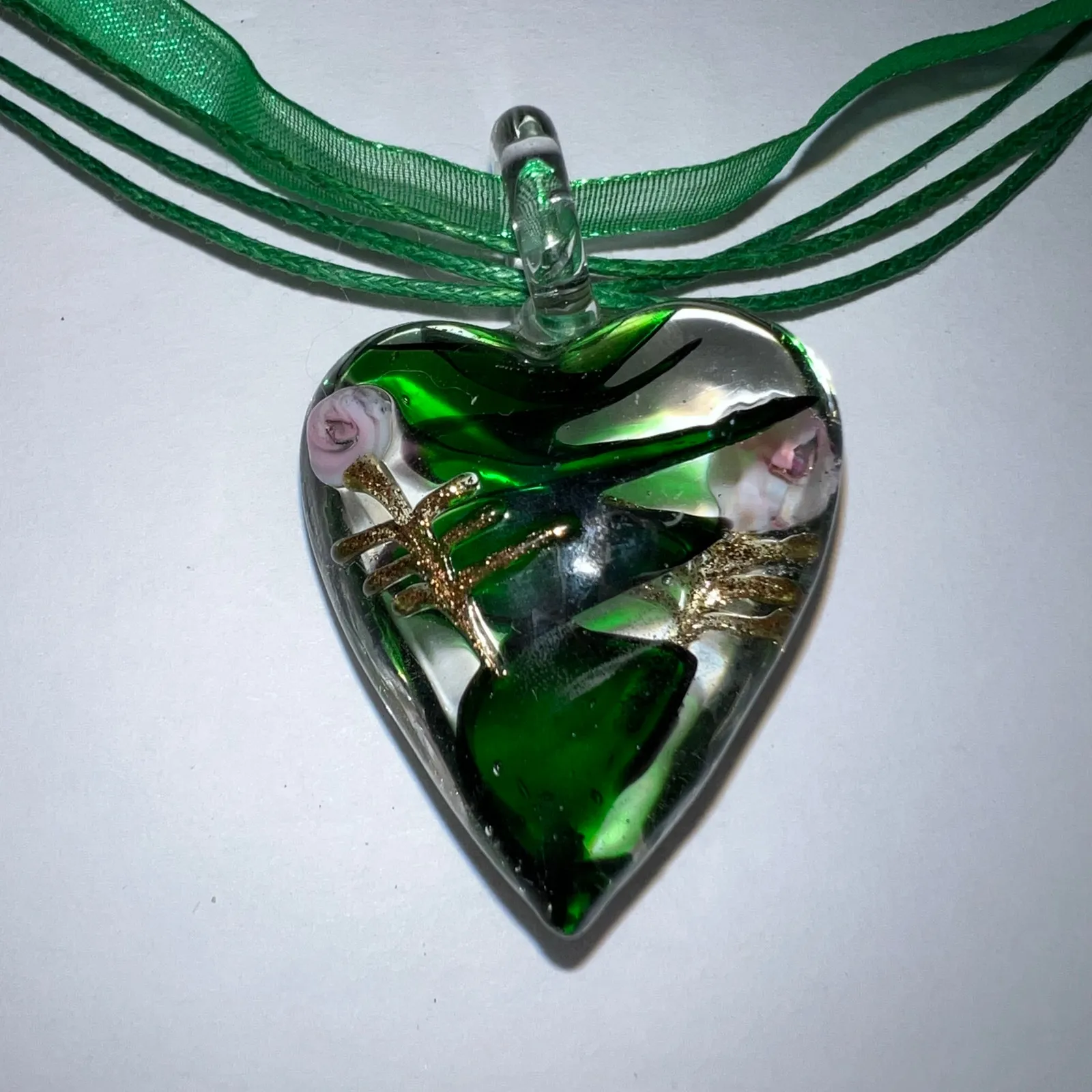 Murano Glass Heart Pendant Necklace Clear Green Pink Gold Hand Painted Flower - Image 2