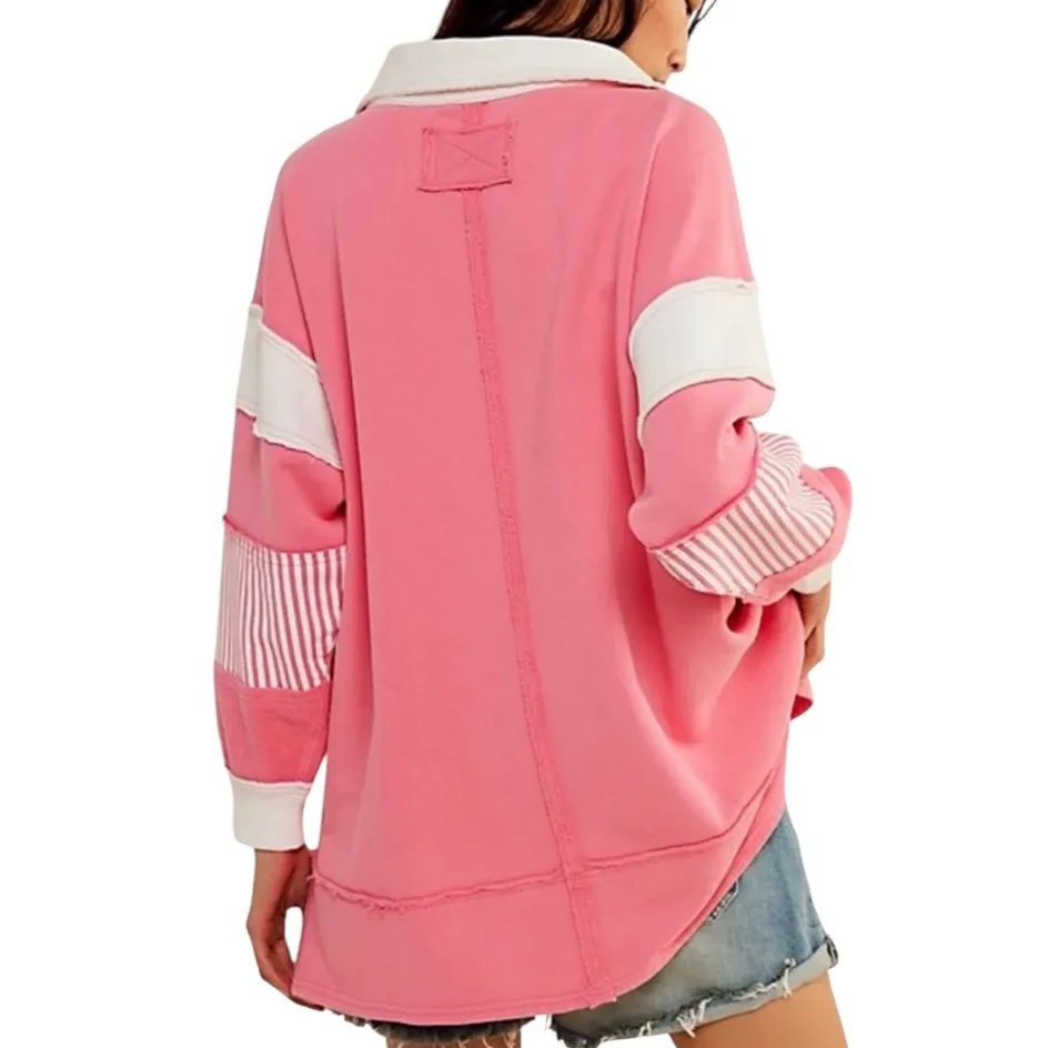 FREE PEOPLE We The Free Pink Clean Prep Polo Long Sleeve Oversized Size M - Image 3