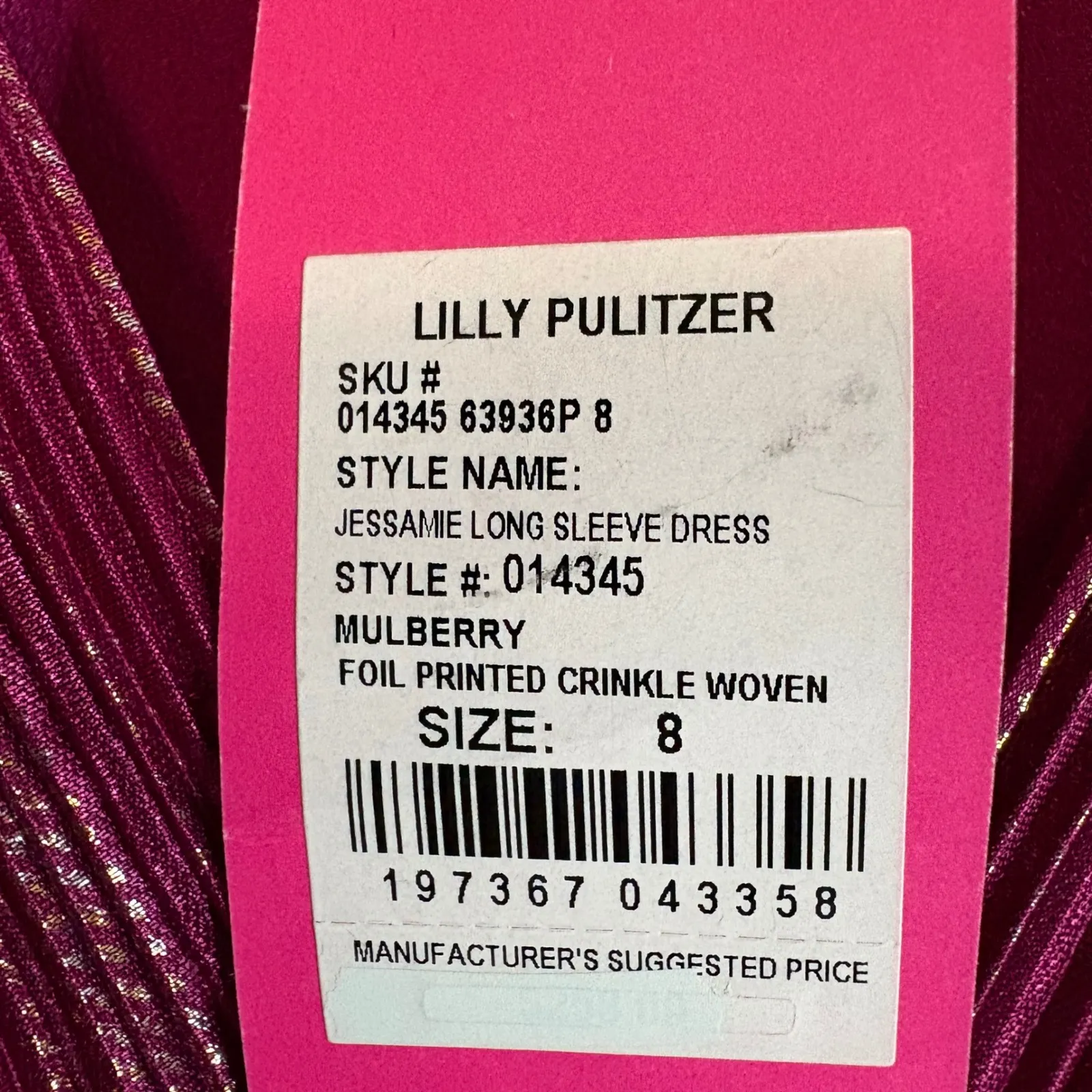 LILLY PULITZER Jessamie‎ Long Sleeve Foil Printed Crinkle Woven Dress Sz 8 - Image 5