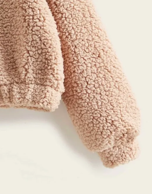 Solid Drop Shoulder Hooded Teddy Sweatshirt - Image 4