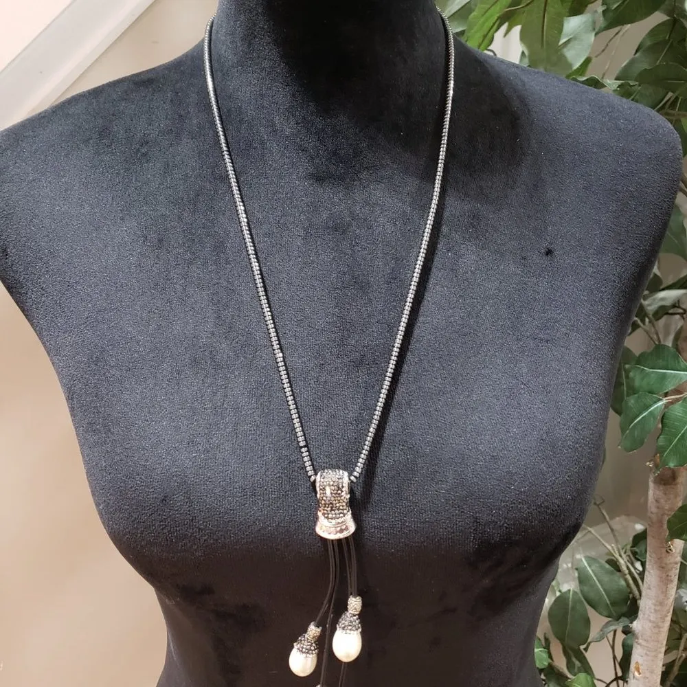 Womens Fashion Silver Bead Negligee Pendant Drop Pearl Necklace w/ Lobster Clasp - Image 2