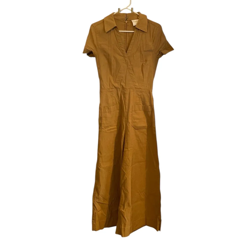 Maeve Anthropologie Faux-Wrap Gold Wide Leg Flare Culotte Jumpsuit Fall Romper - Image 5