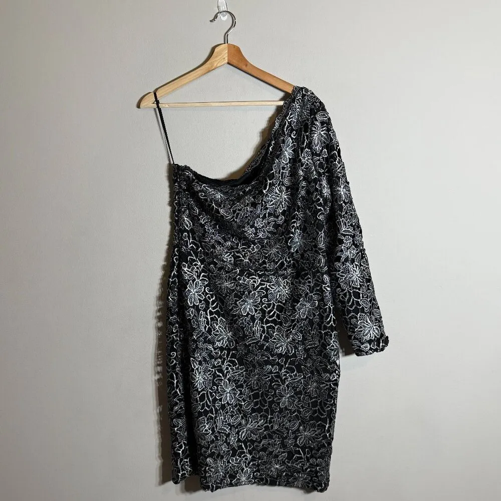 NWT Lauren Ralph Lauren One Shoulder Lace Evening Dress Women's 12 Black Silver - Image 4