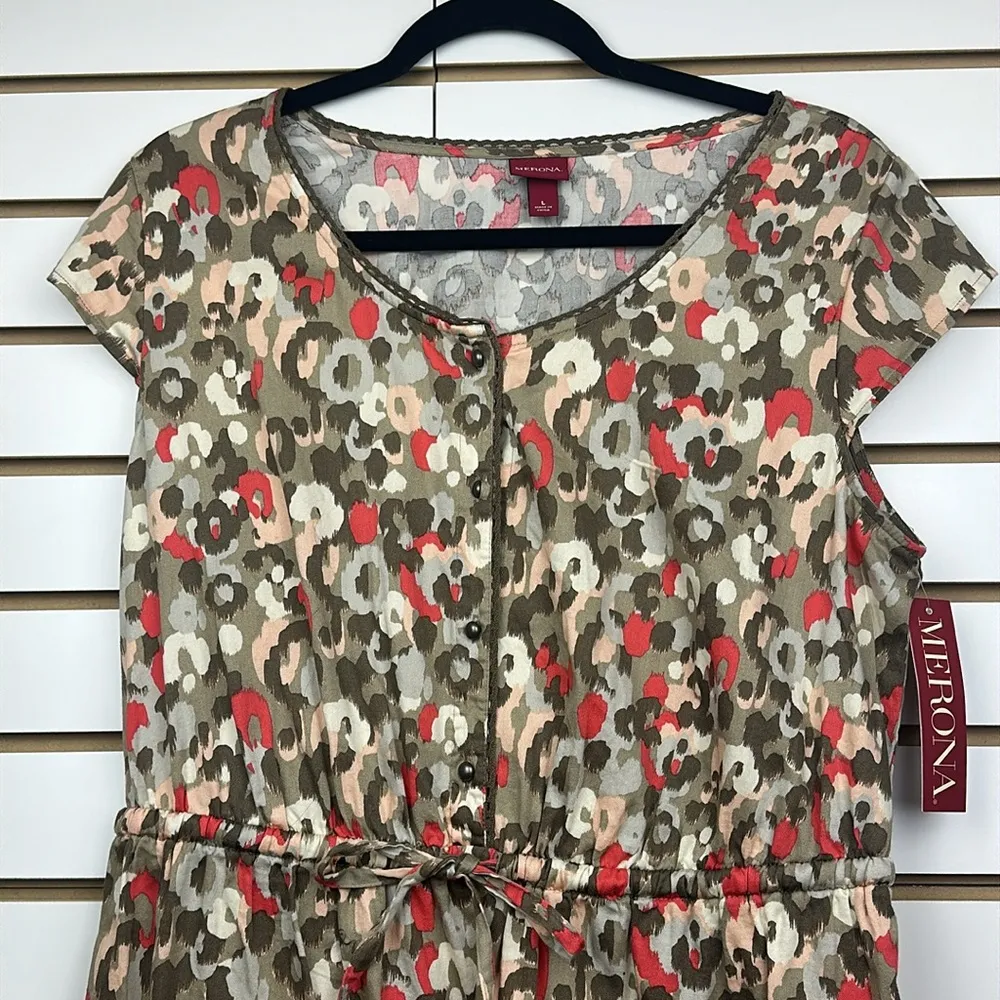 NWT-Merona Cap Sleeve Casual Dress Tan/Pink Abstract Print Sz L Cotton - Image 3
