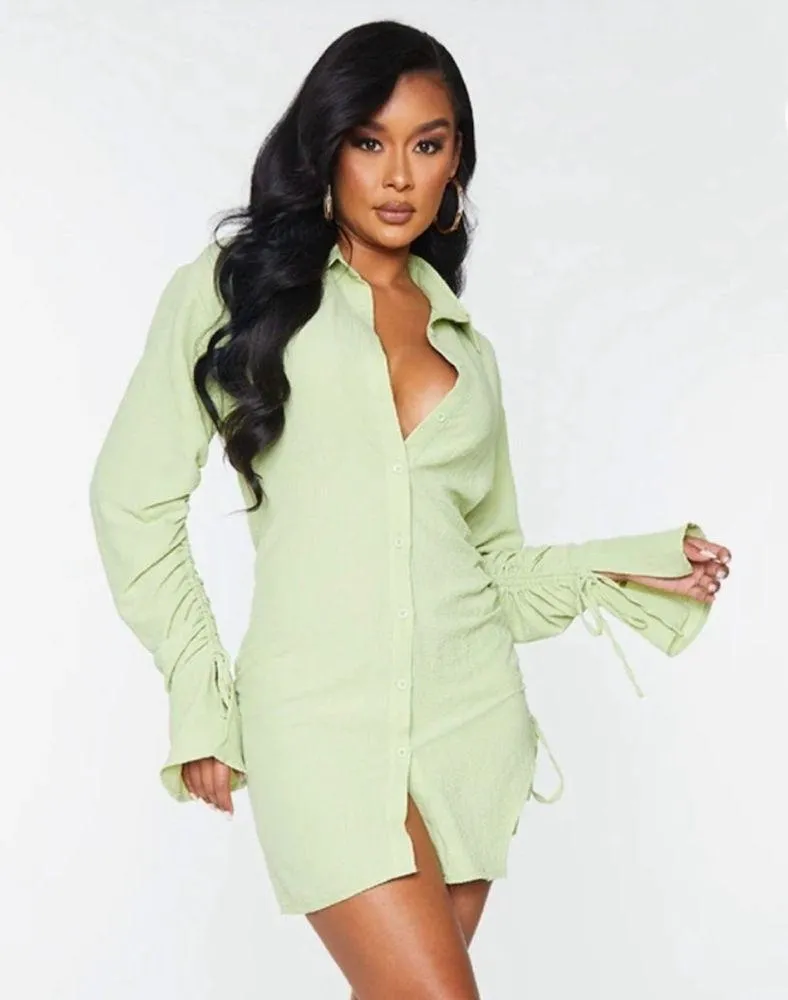 PrettyLittleThing Green Button Down Shirt Dress with Ruched Bell Sleeves - Image 2