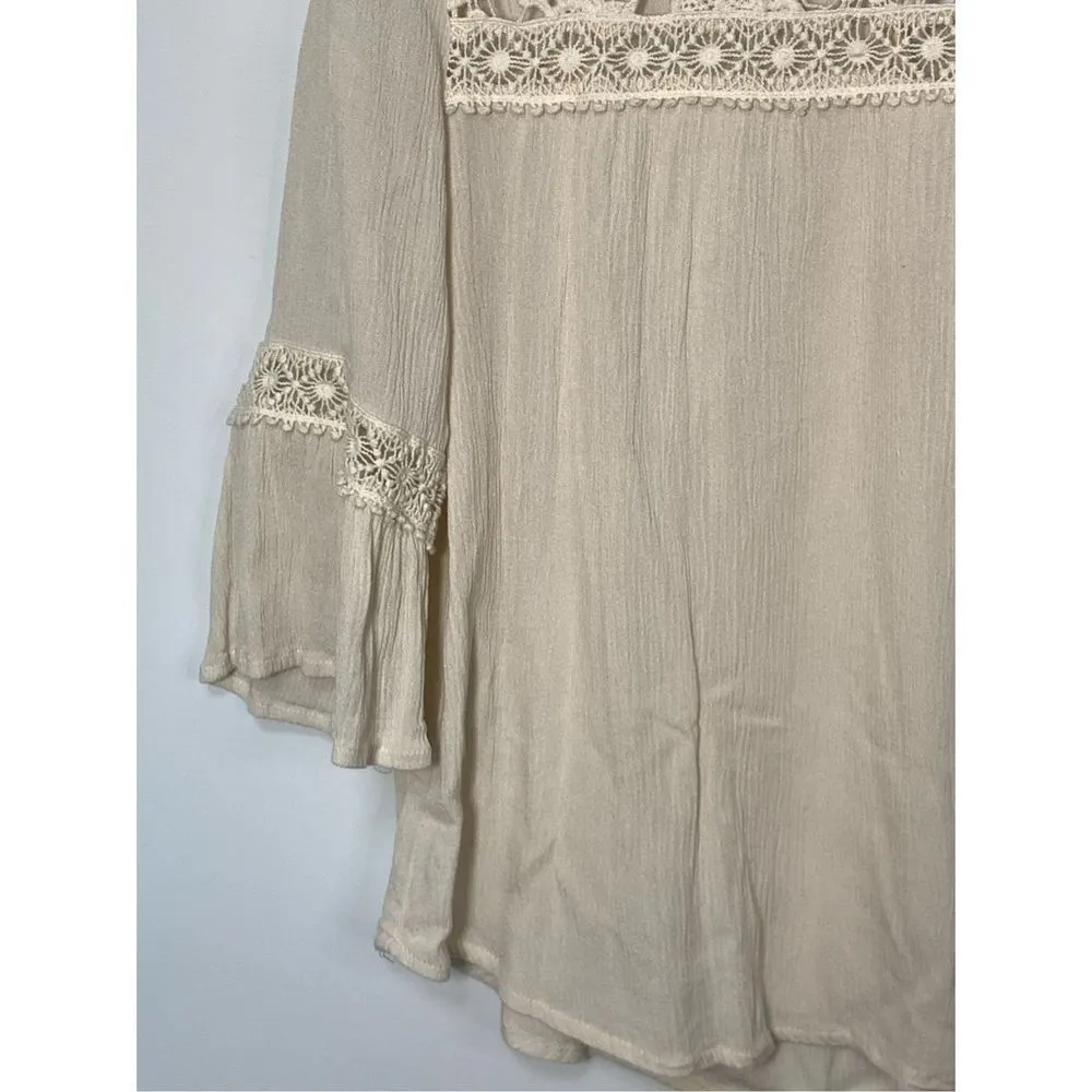 Love on a Hanger Women's Bell Sleeve Boho Rayon Lace Blouse Cream Medium - Image 5