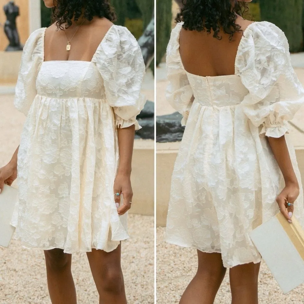 Storia Embroidered Lace Babydoll Dress Puff Sleeve Mini Ivory Cream Size Medium - Image 5