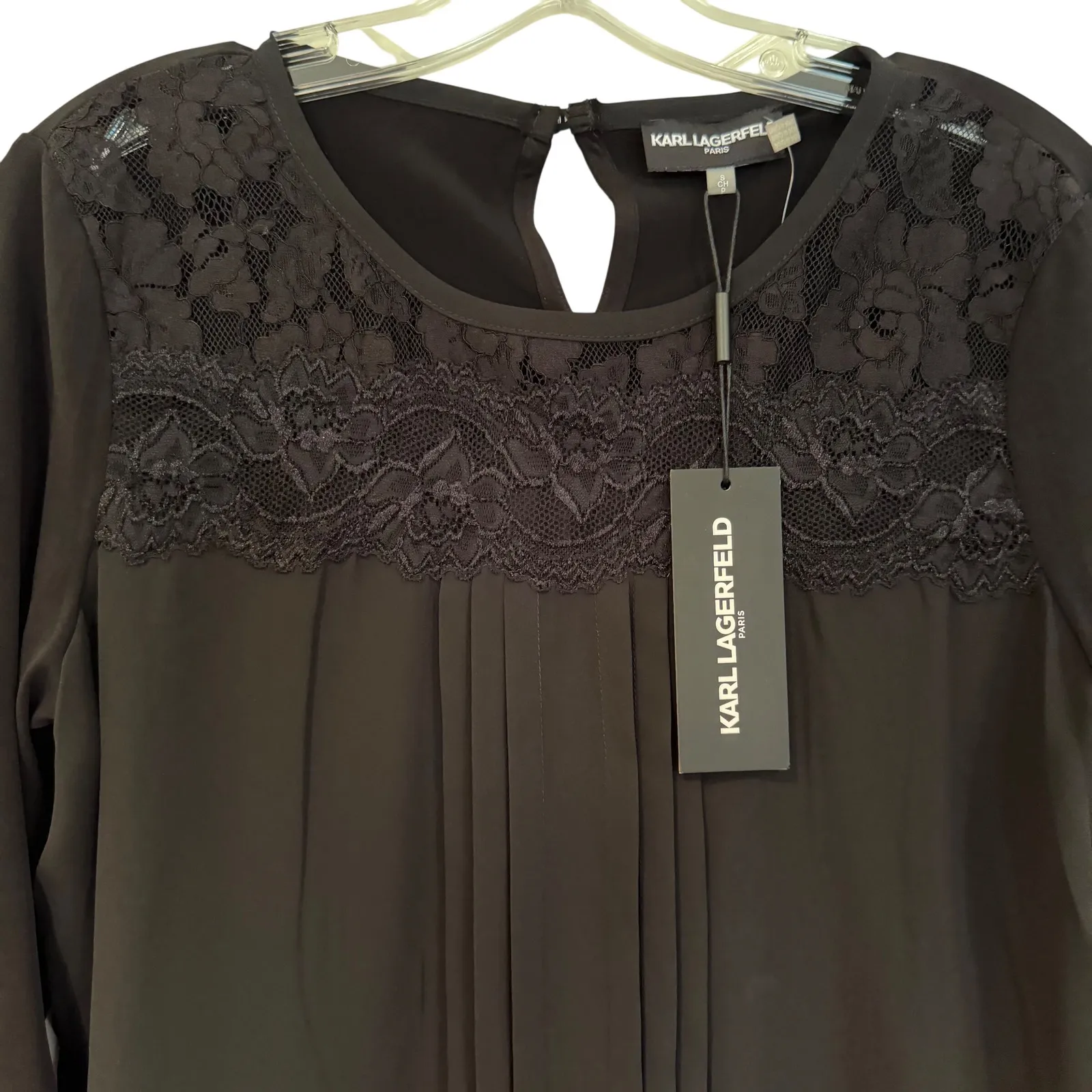 Karl Lagerfeld Lace Pleated Blouse Women's Small Black Career Dainty Feminine - Image 2