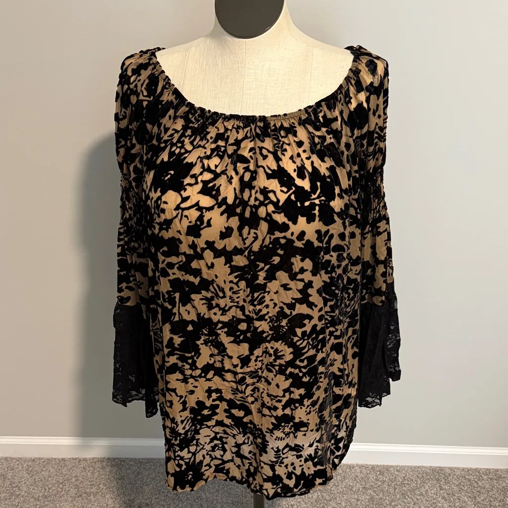 Joseph Ribkoff Black Velvet Tan Bell Lace long sleeve Tunic New Size 10 - Image 6