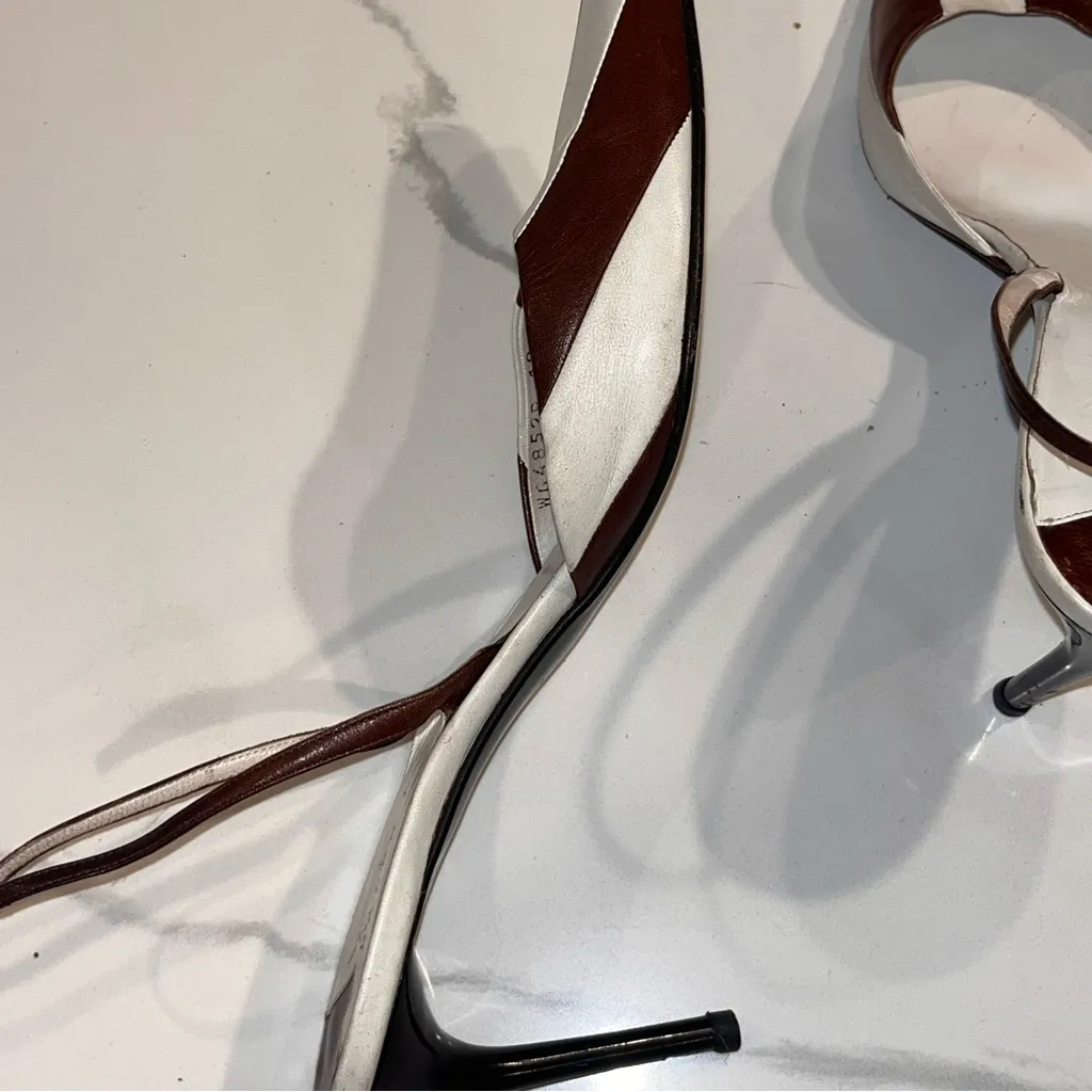 Vintage Ralph Lauren RARE Stripe Brown & White Leather Oxford Slingback Pumps - Image 6