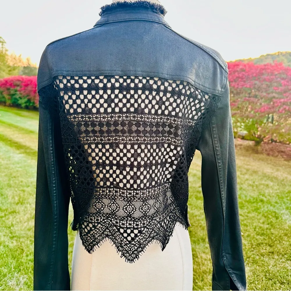 🌹HP🌹 ELIE TAHARI Black Waxed Denim Jacket with Lace Back - Image 8