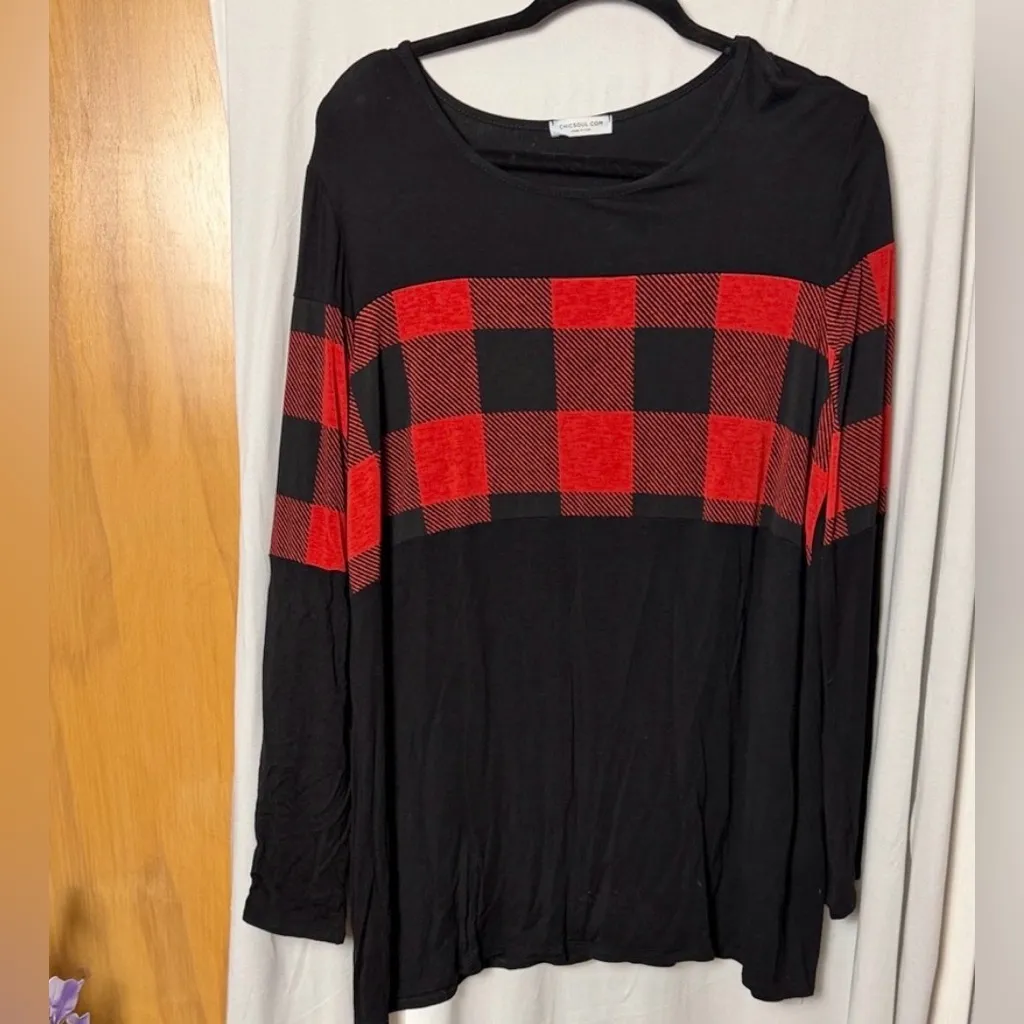 Chic Soul Buffalo Plaid Black and Red Women's Long Sleeve Top Size XL - Image 2