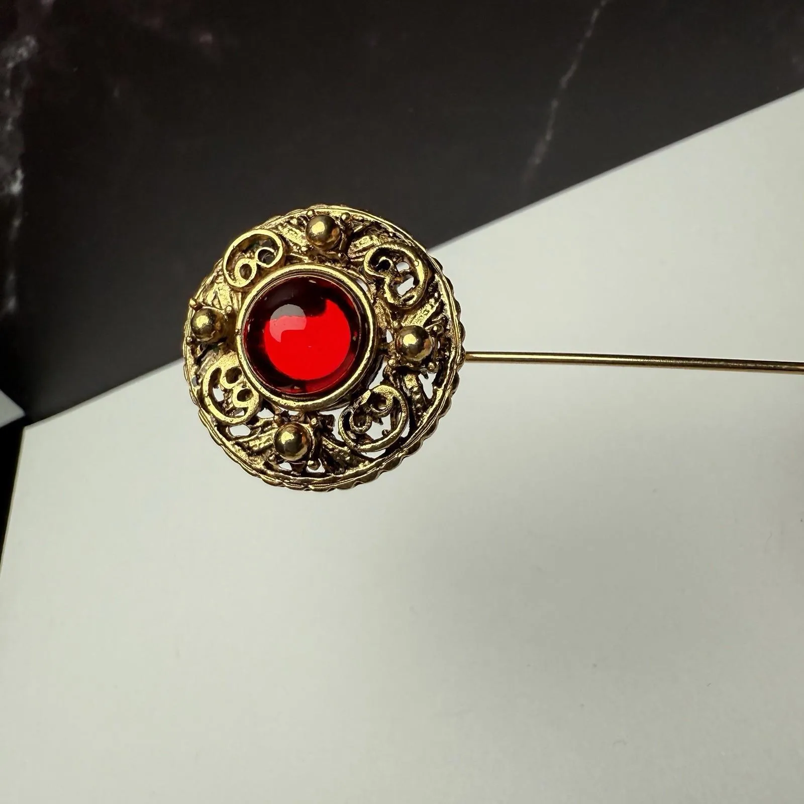 Vintage Signed PEP Gold Tone Red Lapel Stick Pin - Image 10