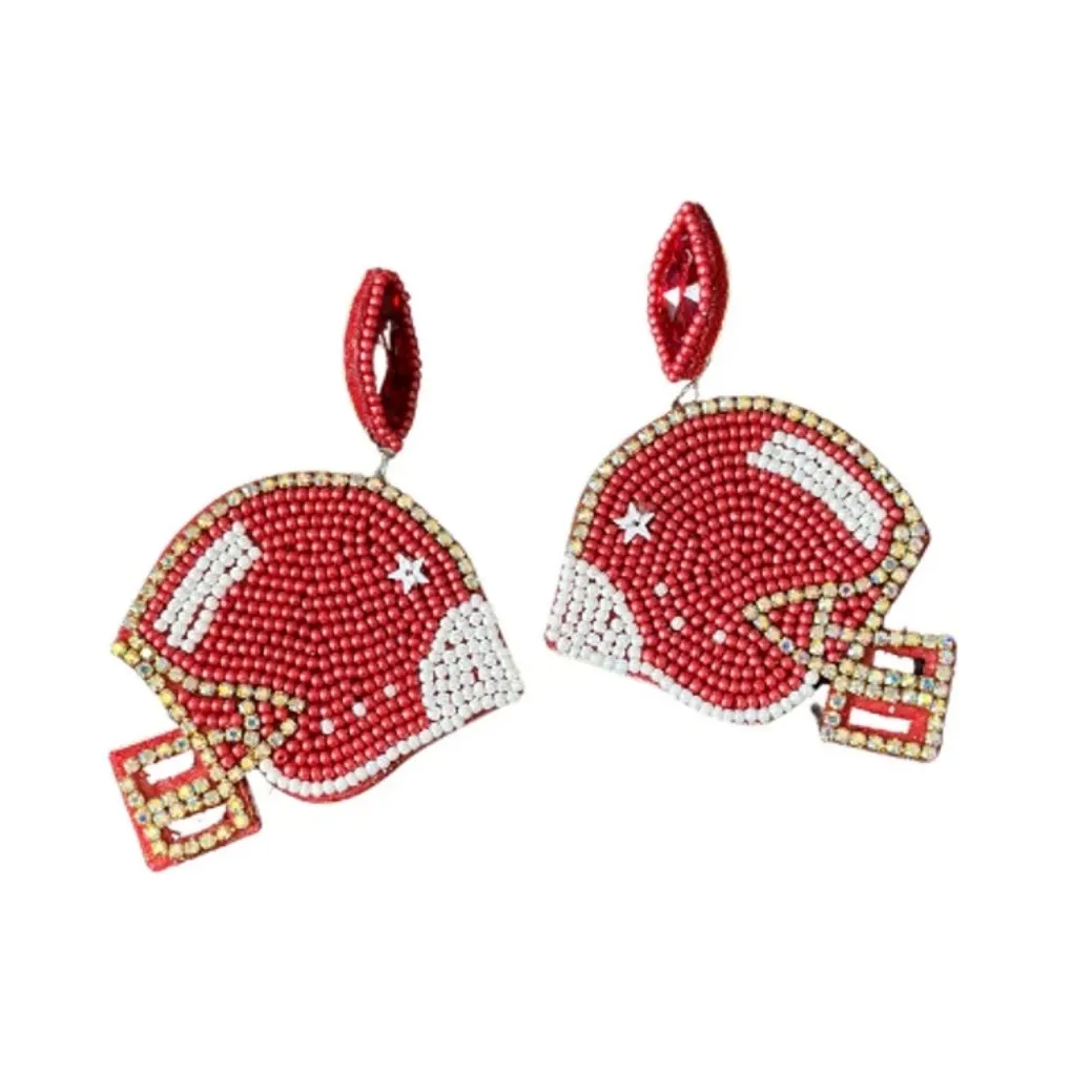 Football Helmet Earrings Red Beaded Rhinestone Dangle Drop Statement Jewelry New - Image 2