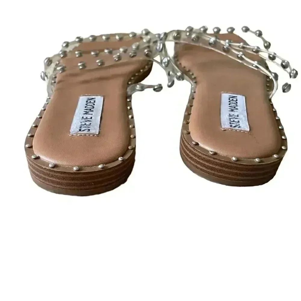 Steve Madden Skyler Clear Pearl Pyramid Studded Slip On Square Toe  Sandal SZ 8 - Image 4