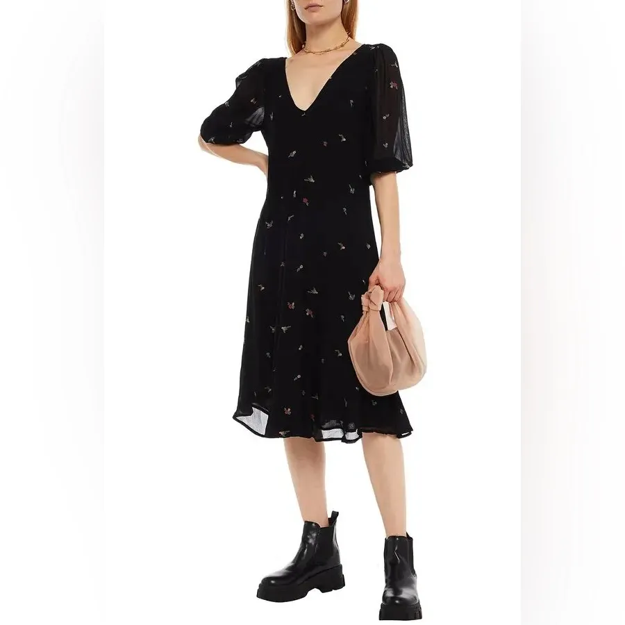 GANNI Gathered Floral-Print Crepe De Chine Midi Dress, Black, FR34/US2 - Image 3