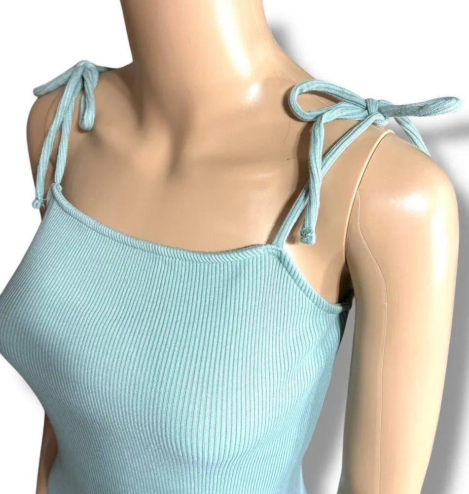 Wild Fable Womens Knit Slip Dress Mini Ribbed Tie Shoulder Bodycon Blue Medium - Image 6