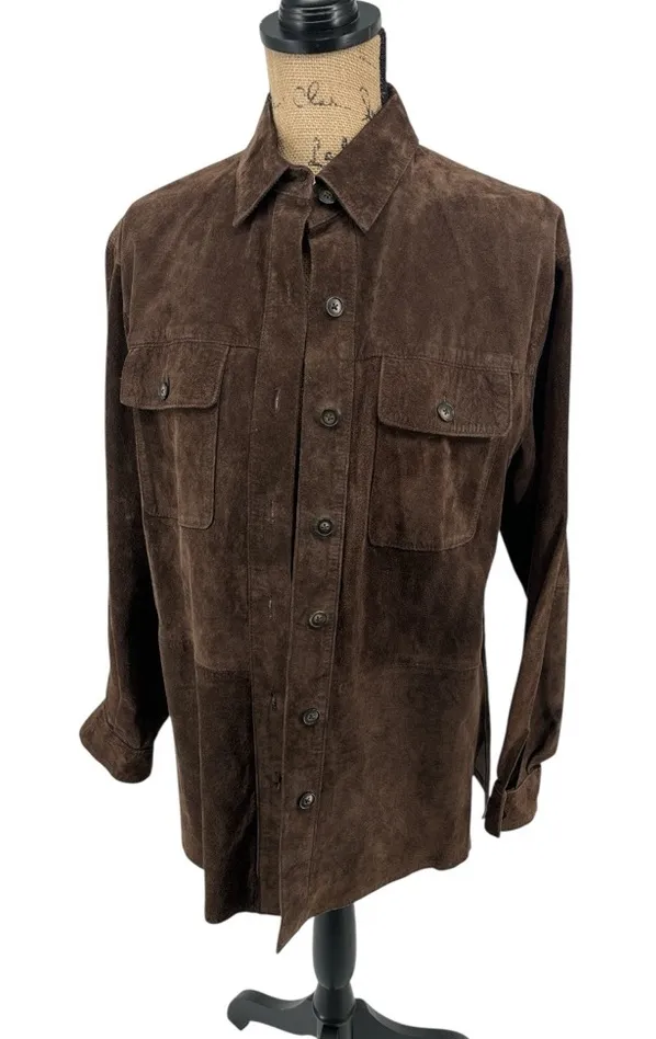 Charter Club Petite Leather Button Front Shacket Dark Brown Western Country - Image 1