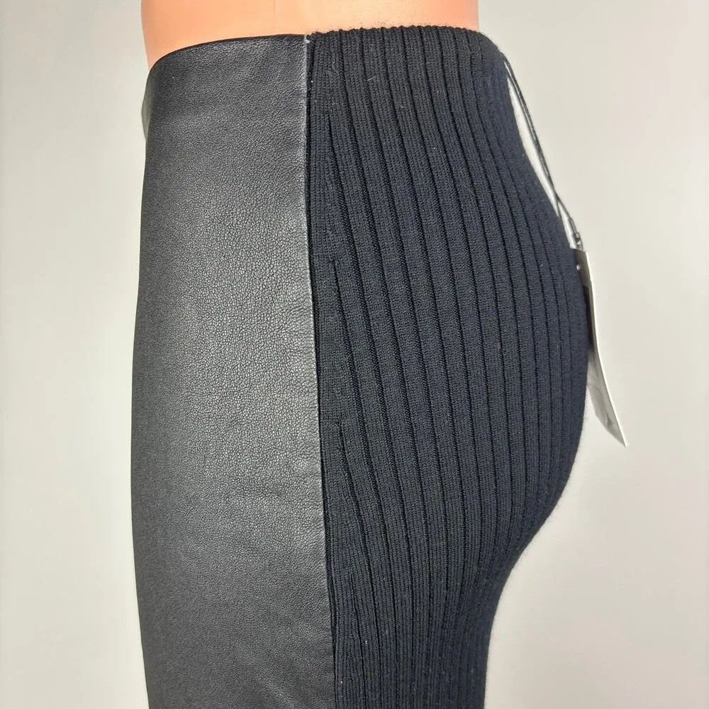 NEW Theory $495 Black Lamb Leather Ribbed Sweater Pencil Straight Midi Skirt XS - Image 10