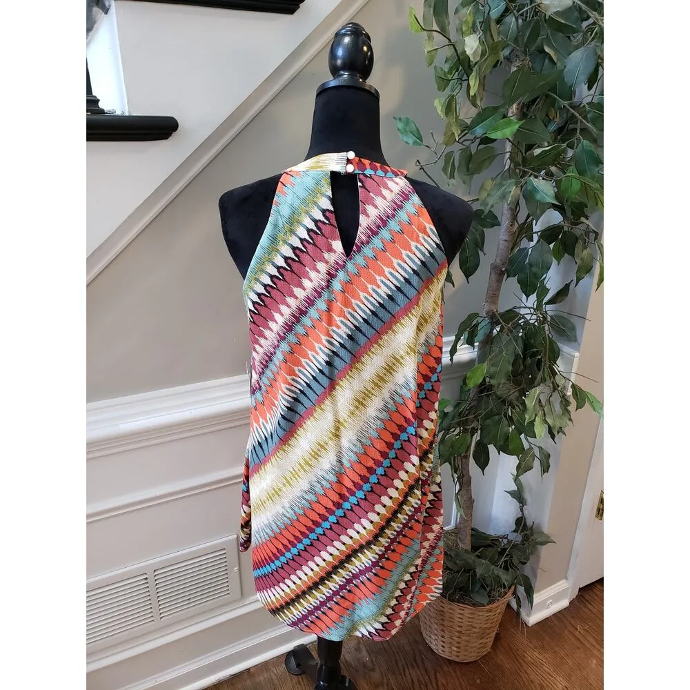 As U Wish Dress Women M Multicolor Sleeveless Ikat Halter Keyhole Boho Chic - Image 8