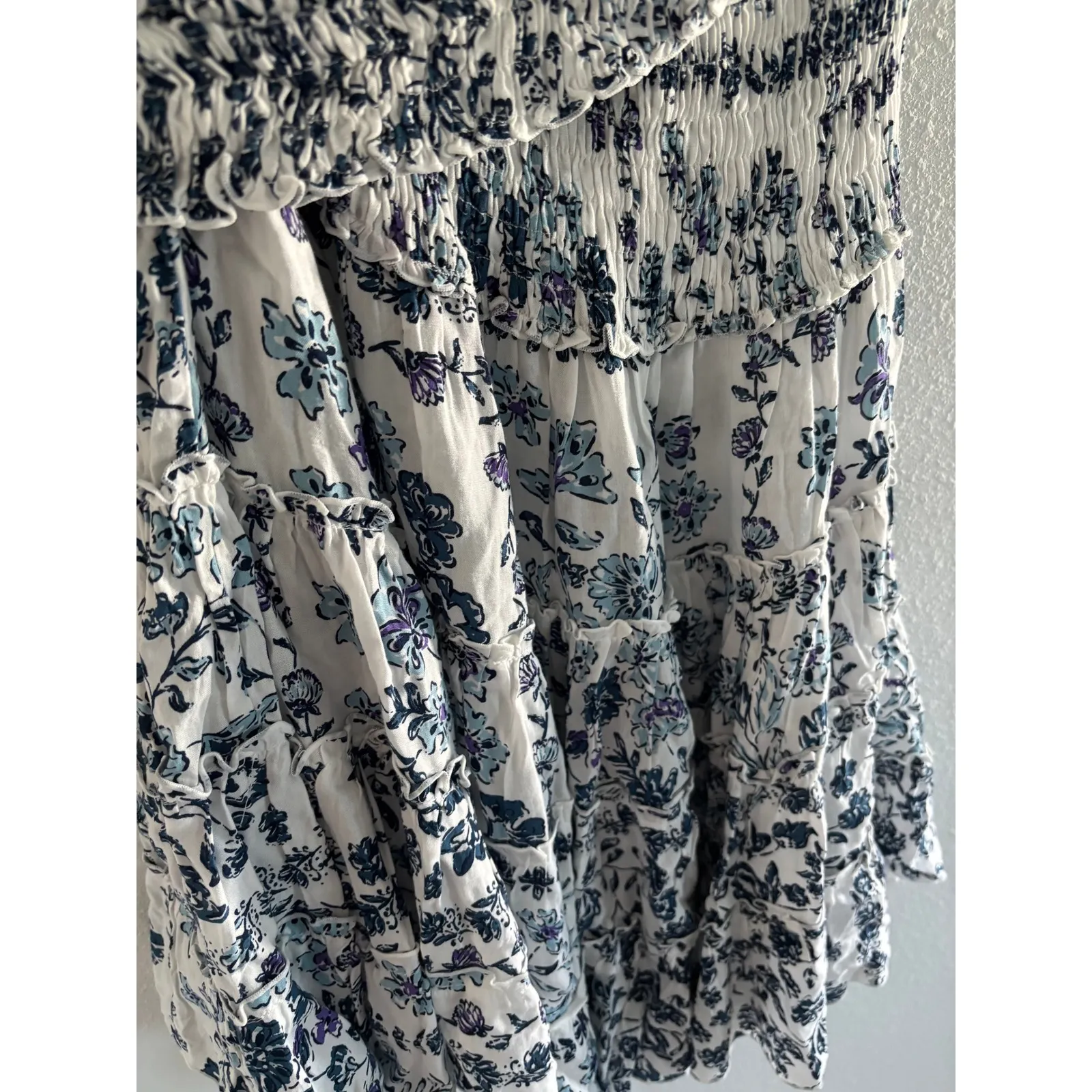 Poupette St Barth Soledad Dress Large Blue‎ Floral Smocked Ruffle Mini Resort Blue - Image 6