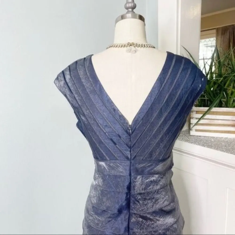 Adrianna Papell Blue Satin Shutter Pleat Tiered Layered Sheath Dress 4 - Image 8