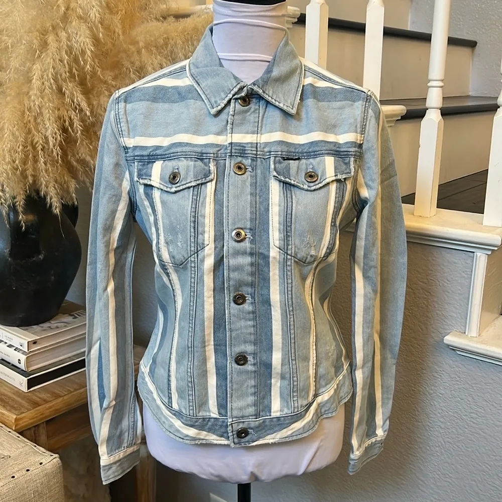 G-Star Raw Light Wash Striped Denim Jacket Slim/Trucker Style Size XS - Image 4