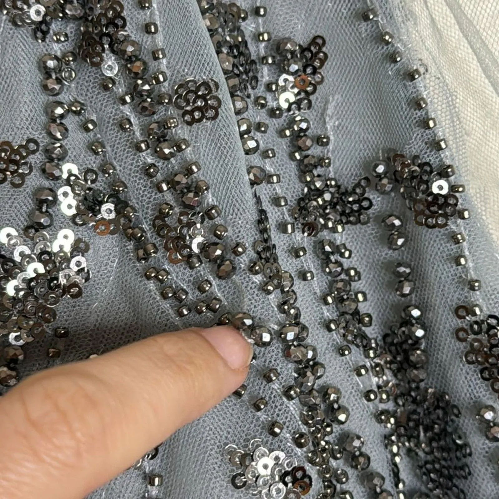 Mac Duggal EMBELLISHED V NECK LONG SLEEVE A LINE GOWN in platinum blue size 12 - Image 7