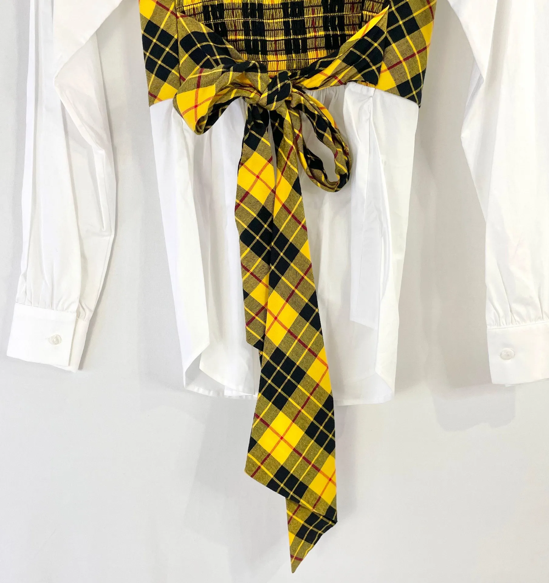New  Plaid Bodice Overlay Button Down Shirt Monroe Yellow White - Image 11