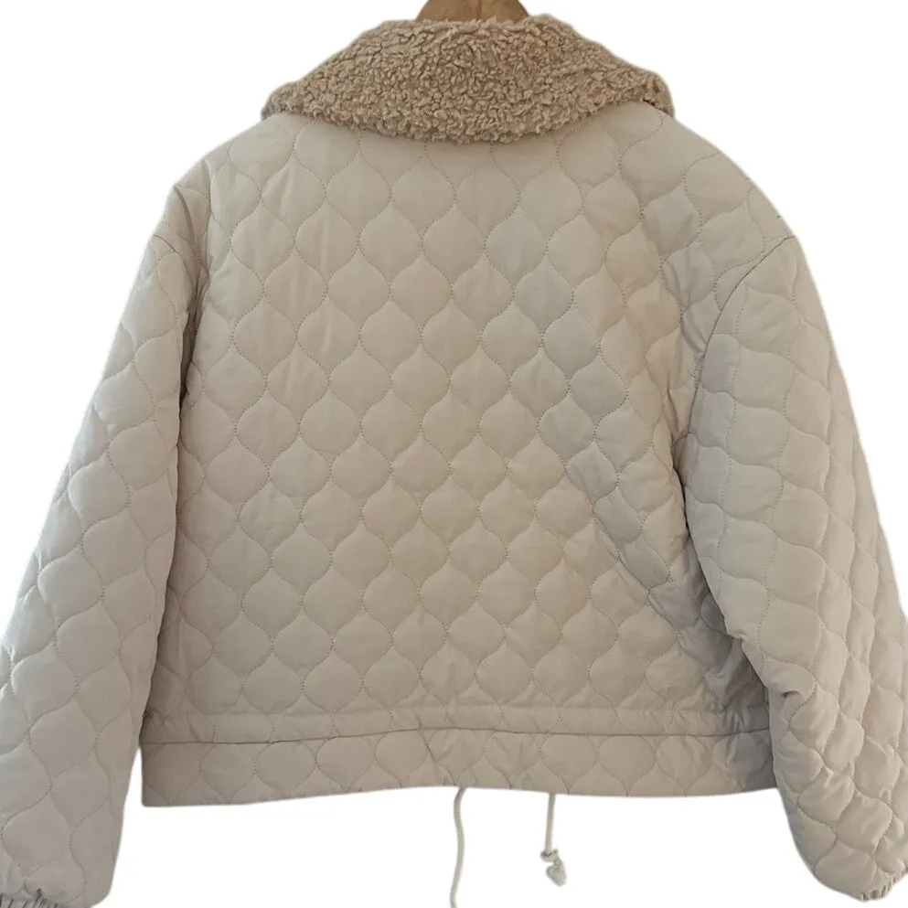 Bohme Quilted Faux Fur Collar Snap Jacket With Tie Waist Cream Size Large - Image 5