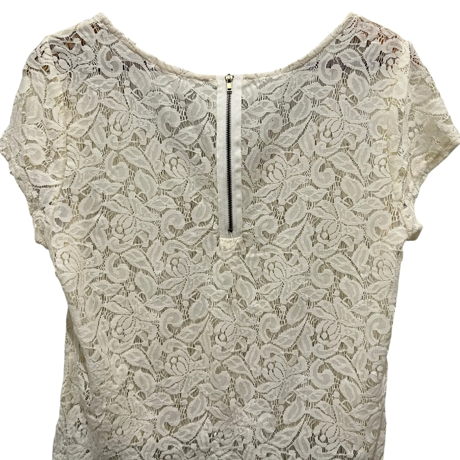 BOSS Sheer Ivory Cream Floral Lace Blouse Zipper Detail Sz 8 Boho Cottage Retro Gold - Image 4