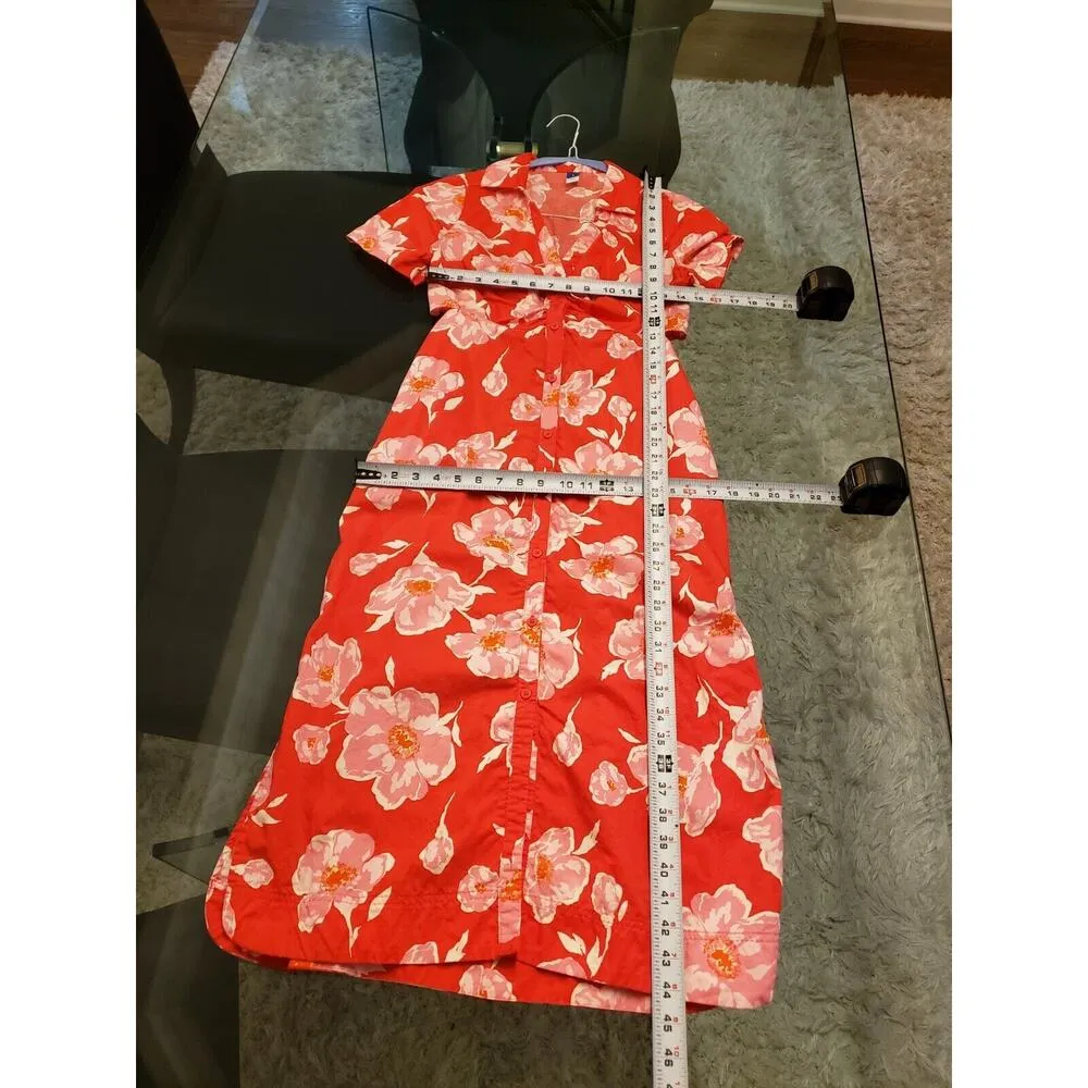 Old Navy Women's Red Floral 100% Cotton V-Neck Short Sleeve Knee Length Dress S - Image 15