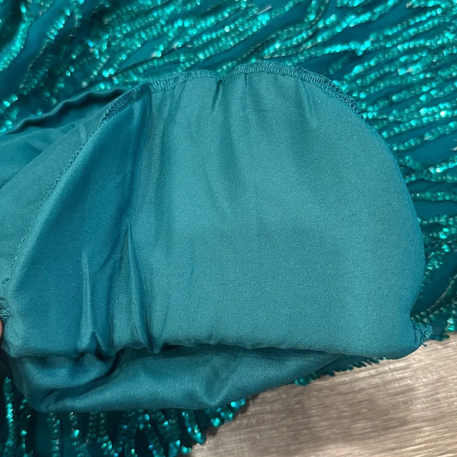 VTG 80s Laurence Kazar Teal Blue Silk Beaded Sequin Dress Art Deco Retro Glam XS - Image 13