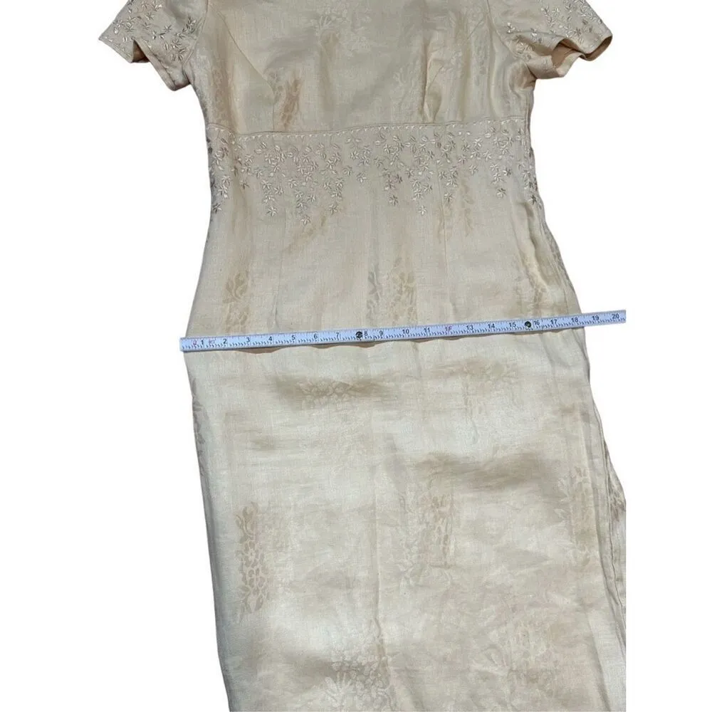 Vintage Maggy London Light Pastel Yellow embroidered linen maxi sheath dress sz - Image 12