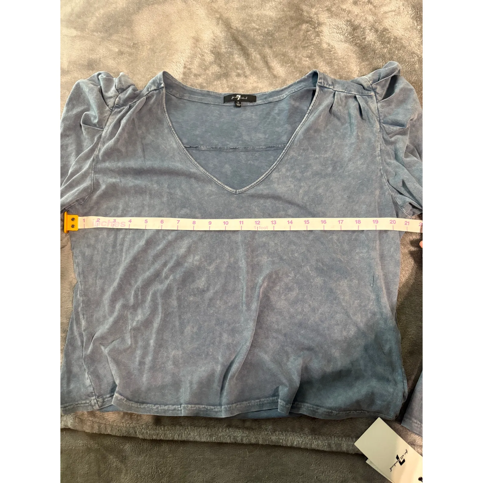 NWT 7 For All Mankind Top Women Large Blue Stone Wash‎ V Neck Puff Sleeve Grunge - Image 7