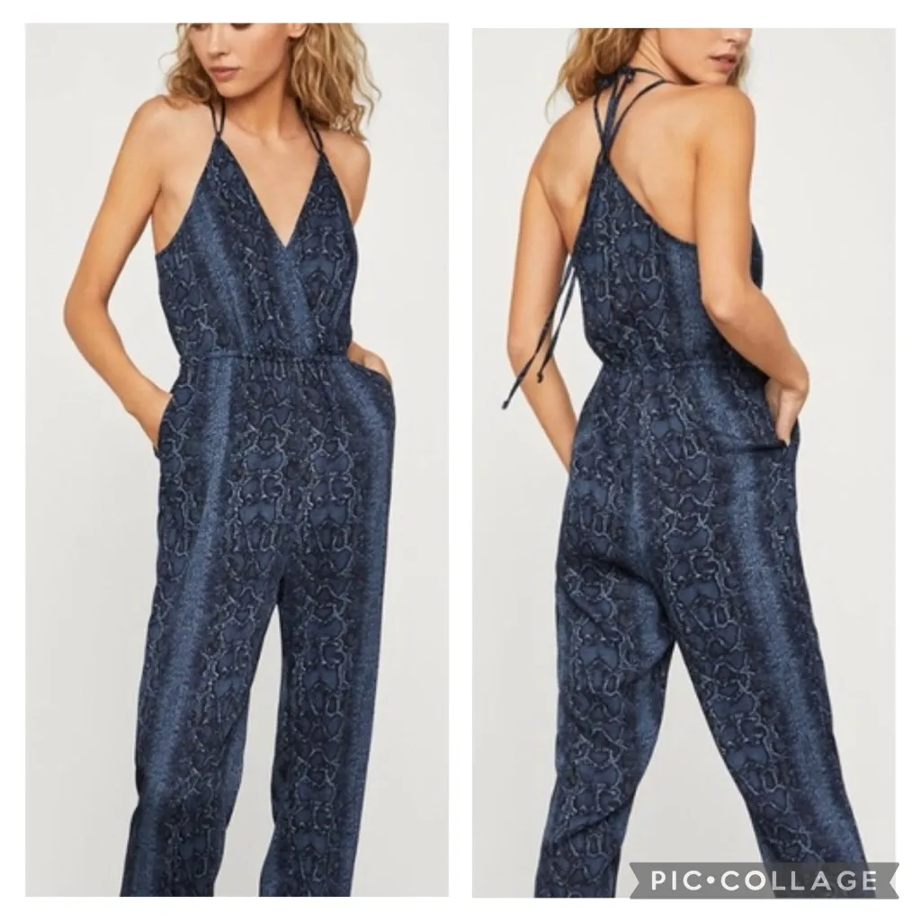 BCBGMAXAZRIA  Jumpsuit Halter Cropped Python Snakeskin Navy Blue S Party Brunch - Image 2